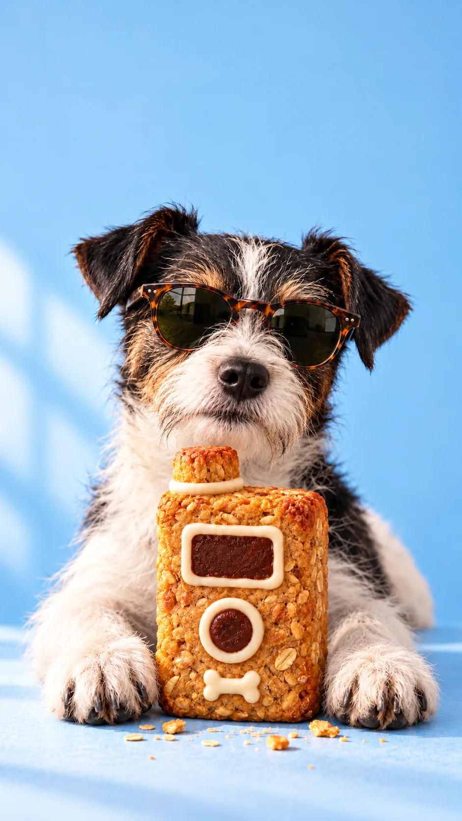 Moxie in sunglasses with a large baked biscuit shaped like a mod box
