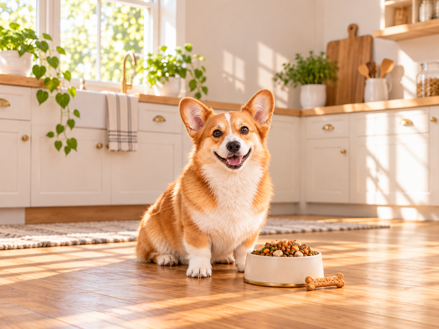 Penny beside a bowl of fancy dog food, shown full-body in a sunny kitchen