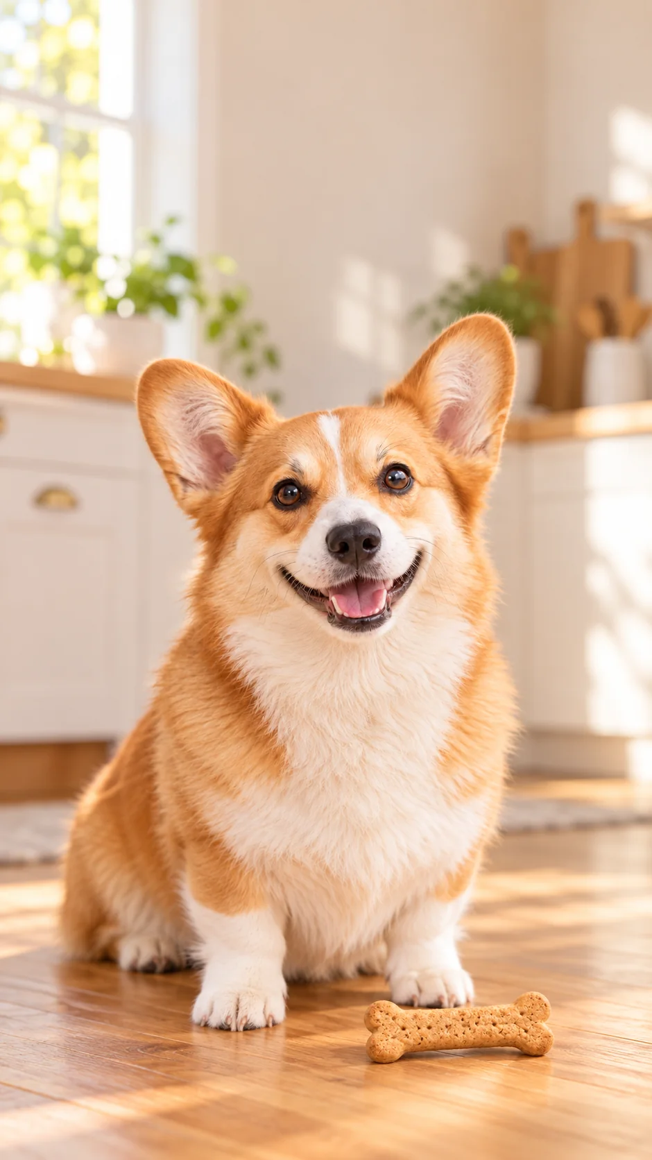 Penny the corgi beside a classic dog biscuit