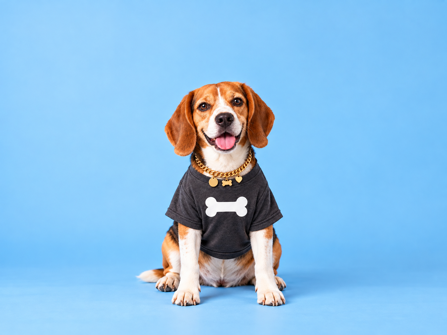 Scout shown full-body in his charcoal tee with a white bone print and gold chain